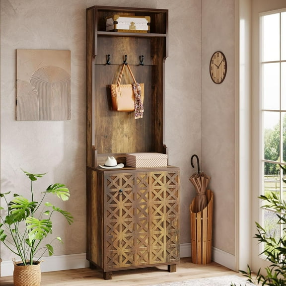 Tribesigns 3-in-1 Hall Tree, Farmhouse Hall Tree with Coat Rack, Top Storage and Shoe Cabinet