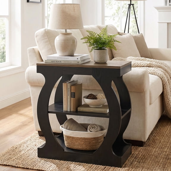 Tribesigns 3-tier Side Table, Narrow Wood End Table With Curved Frame for Living Room, Bedroom, Small Spaces, Rustic Oak & Black (1pc)