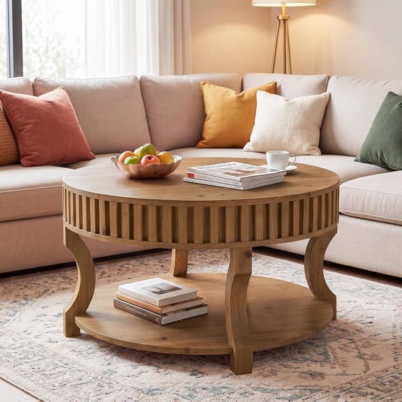 Tribesigns 31.5 Inch Round Coffee Table, 2-Tier Center Table with Storage, Fluted Solid Wood Cocktail Table for Living Room (Brown)