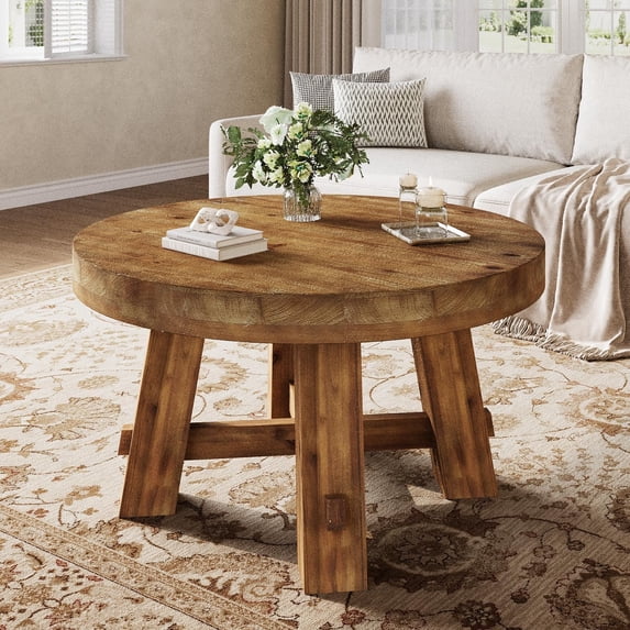 Tribesigns 31.5-Inch Round Coffee Table, Solid Wood Center Table with Thickened Tabletop for Living Room, Apartment, Small Space, Brown