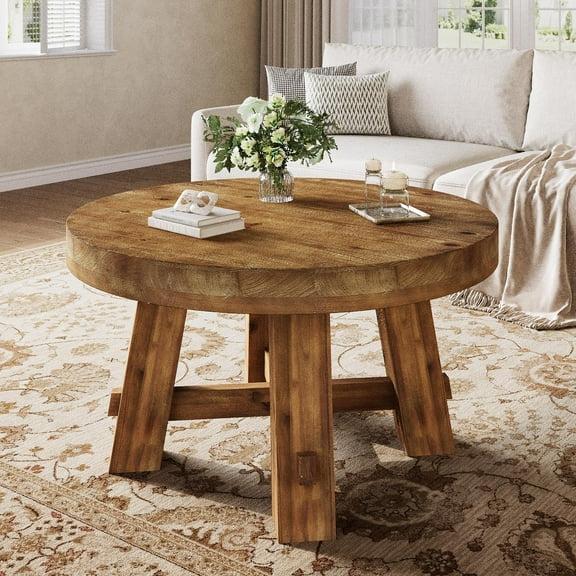 Tribesigns 31.5-Inch Round Coffee Table, Solid Wood Center Table with Thickened Tabletop for Living Room, Apartment, Small Space, Brown