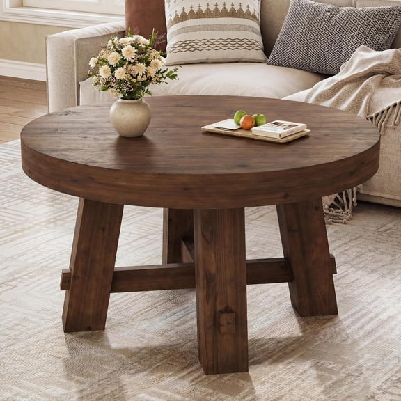 Tribesigns 31.5-Inch Round Coffee Table, Solid Wood Center Table with Thickened Tabletop for Living Room, Apartment, Small Space, Brown