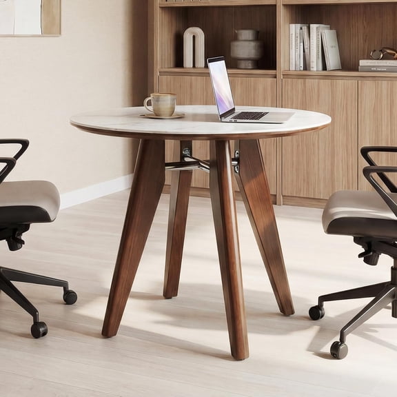 Tribesigns 31.5-Inch Round Conference Table, Solid Wood Meeting Table with Sintered Stone Tabletop for Small Spaces, White & Brown
