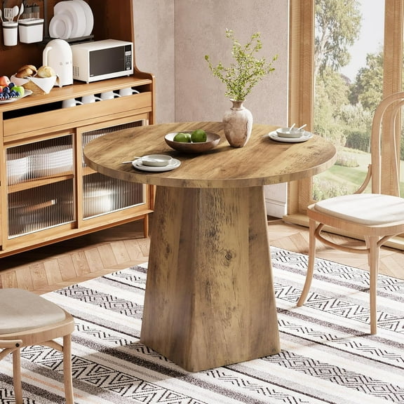 Tribesigns 31.5-Inch Round Dining Room Table, Farmhouse Small Kitchen Table for 2-4, Dinner Table with Square Base for Dining Room, Brown