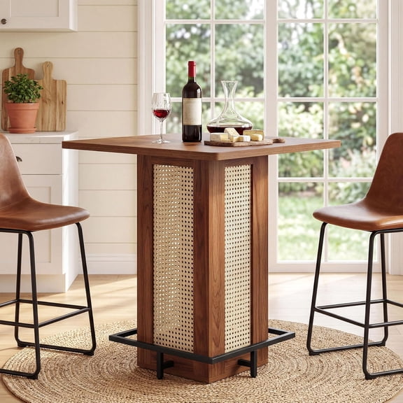 Tribesigns 31.5 Inches Rattan Bar Height Table, Square Pub Table with Metal Footrest for Small Space Bistro,Kitchen, Breakfast Nook