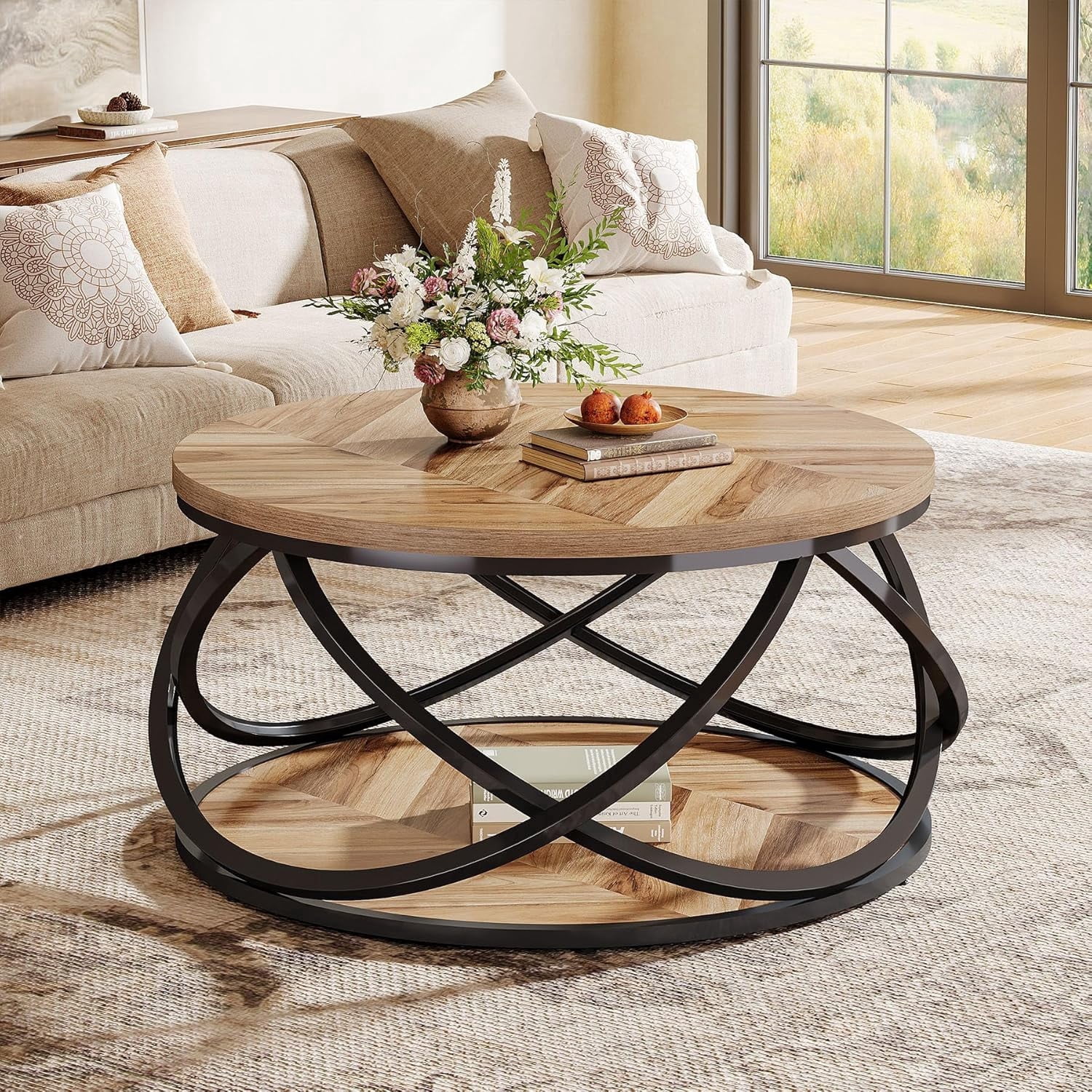 Tribesigns 31.5" Round Coffee Table, 2-Tier Circle Center Table with Metal Frame, Rustic Accent Cocktail Table for Living Room, Small Space, Light Brown & Black