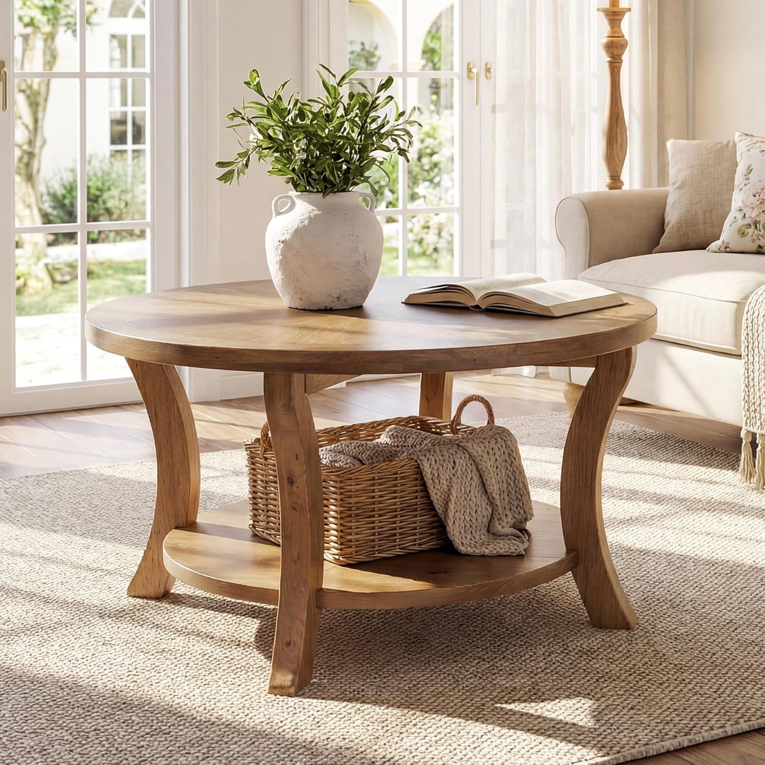 Tribesigns 31.5" Round Coffee Table with Storage Shelf, Farmhouse Solid Wood Center Table for Living Room, Rustic Brown