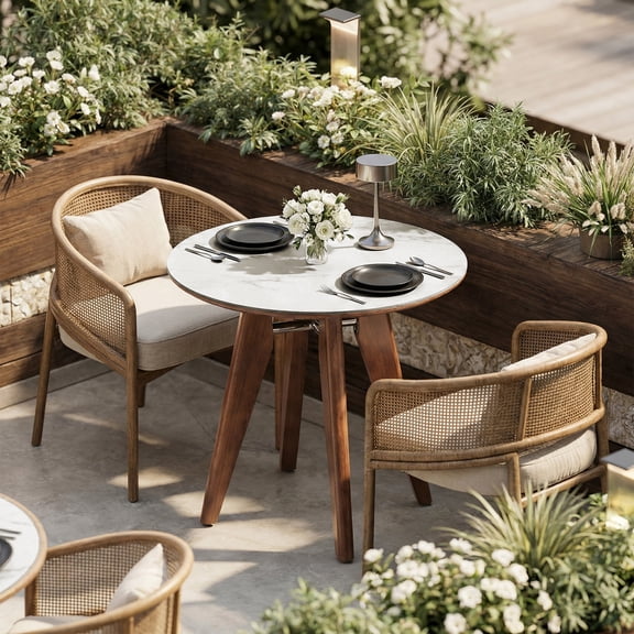 Tribesigns 31.5" Round Dining Table, Modern Sintered Stone Kitchen Table with Solid Wood Legs for Dining Room, Living Room, Glossy White & Brown