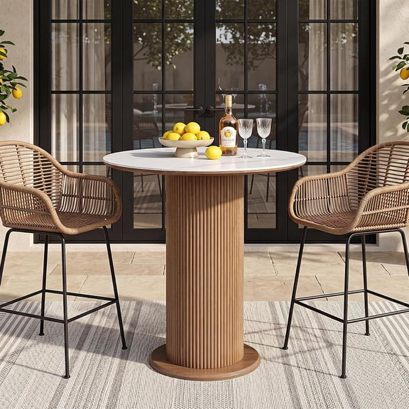 Tribesigns 31.5" Round Dining Table, Sintered Stone Kitchen Table with Fluted Pedestal Base for Dining Room, Home Bar, White & Brown