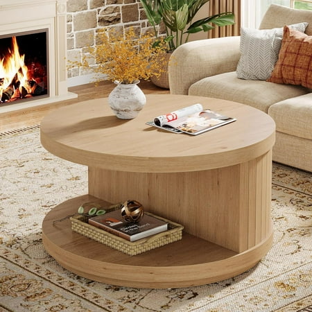 Tribesigns 31.5" Round Industrial Coffee Table with Storage, Fluted Accent Center Table for Living Room (Natural)