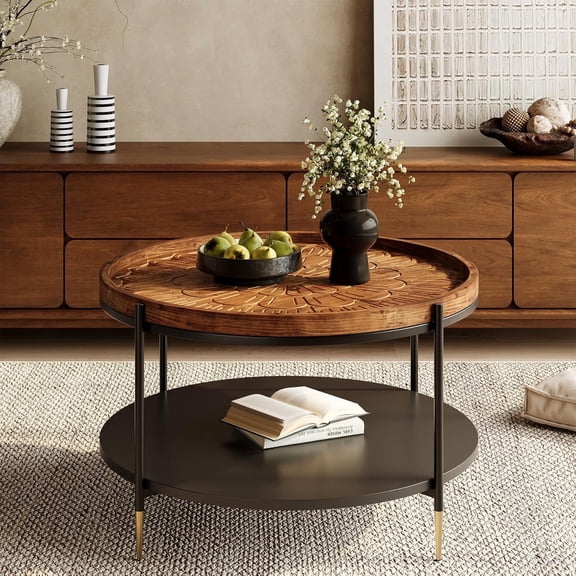 Tribesigns 31.5" Solid Wood Round Coffee Table, Boho Center Tea Table with Carved Floral Pattern, Living Room Table for Small Spaces