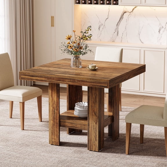 Finmind 31.5" Square Dining Table for 4, Small Wooden Kitchen Table with Storage Shelves for Dining Room, Living Room, Brown