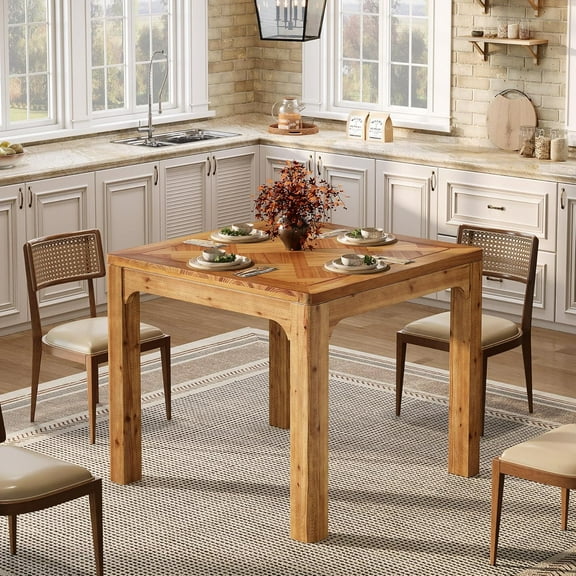 Tribesigns 31.5" Square Farmhouse Dining Table, Solid Wood Rustic Kitchen Table with 3D Textured Tabletop, Easy Assembly, Brown