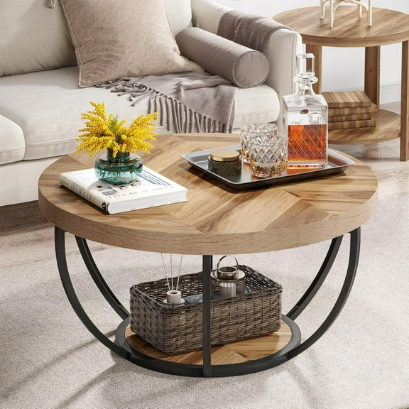 Tribesigns 31.7" Round Coffee Table, Industrial 2-Tier Circle Coffee Table with Storage Shelves, Modern Wooden Accent Center Table Sofa Side Table for Living Room, Home Office, Wooden Grain and Black