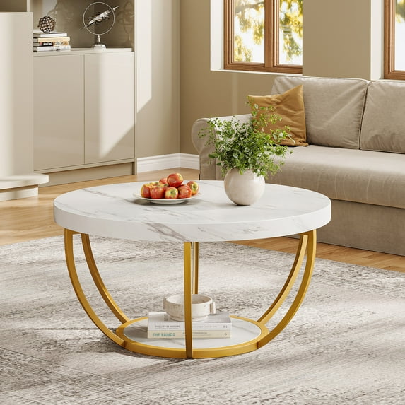 Tribesigns 31.7" Round Industrial Coffee Table with 2-Tier Storage Shelves, Modern Center Table for Living Room, White and Gold