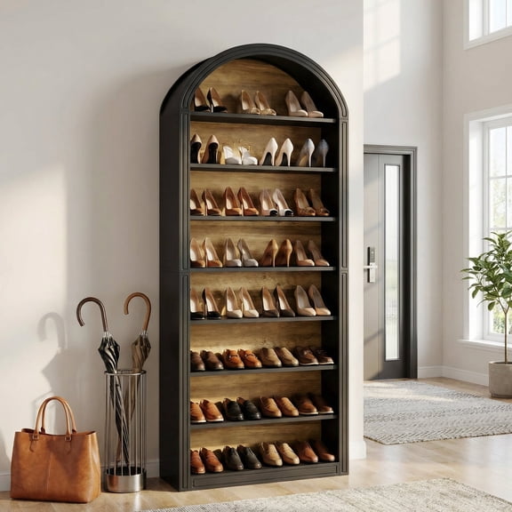Tribesigns 32-35 Pairs Shoe Storage Cabinet, 8-Tier Tall White Wooden Arch Cabinet Organizer, Large Modern Free Standing Shoe Rack, Black