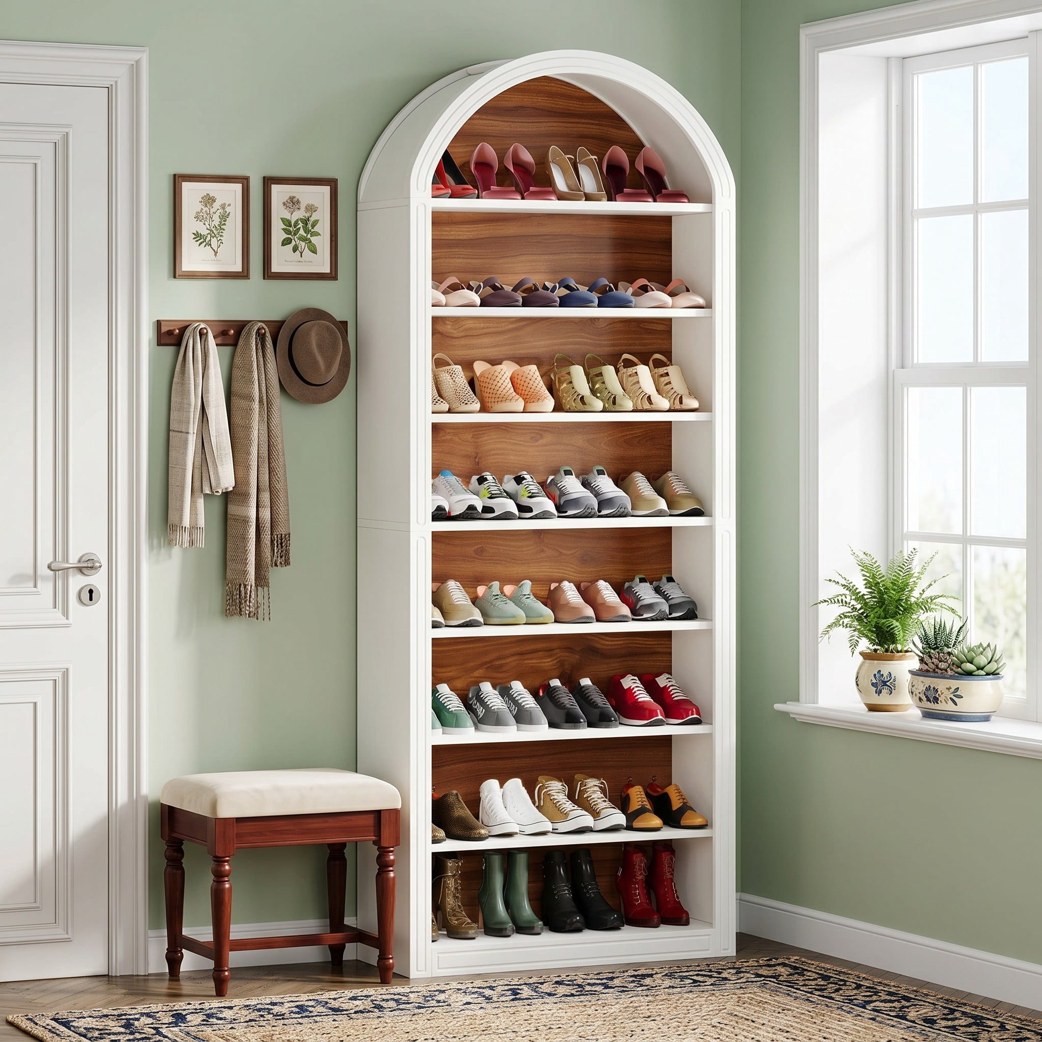 Fnova 79.5" Arched Shoe Storage Cabinet, 8-Tier Wooden Shoe Organizer Rack for 35 Pairs, Adjustable Shelves, White