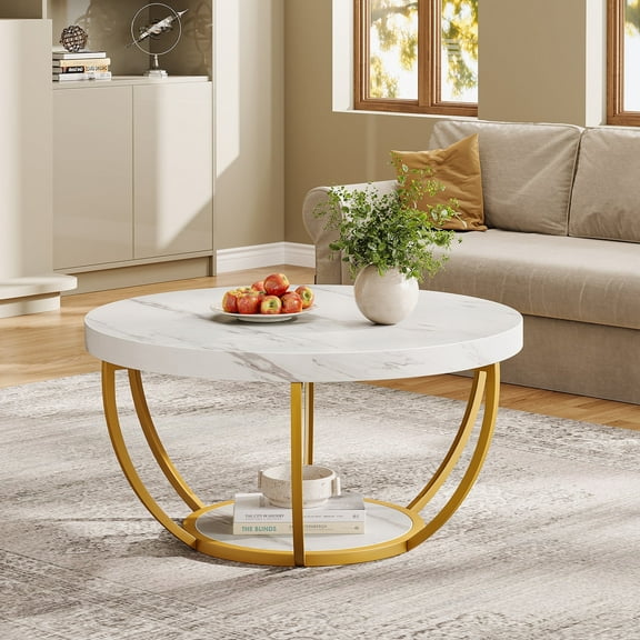 Tribesigns 32 Inches Round Coffee Table, Modern 2-Tier Center Table with Storage Open Shelves, Wooden Circle Coffee Table Sofa Side Table with Metal Legs