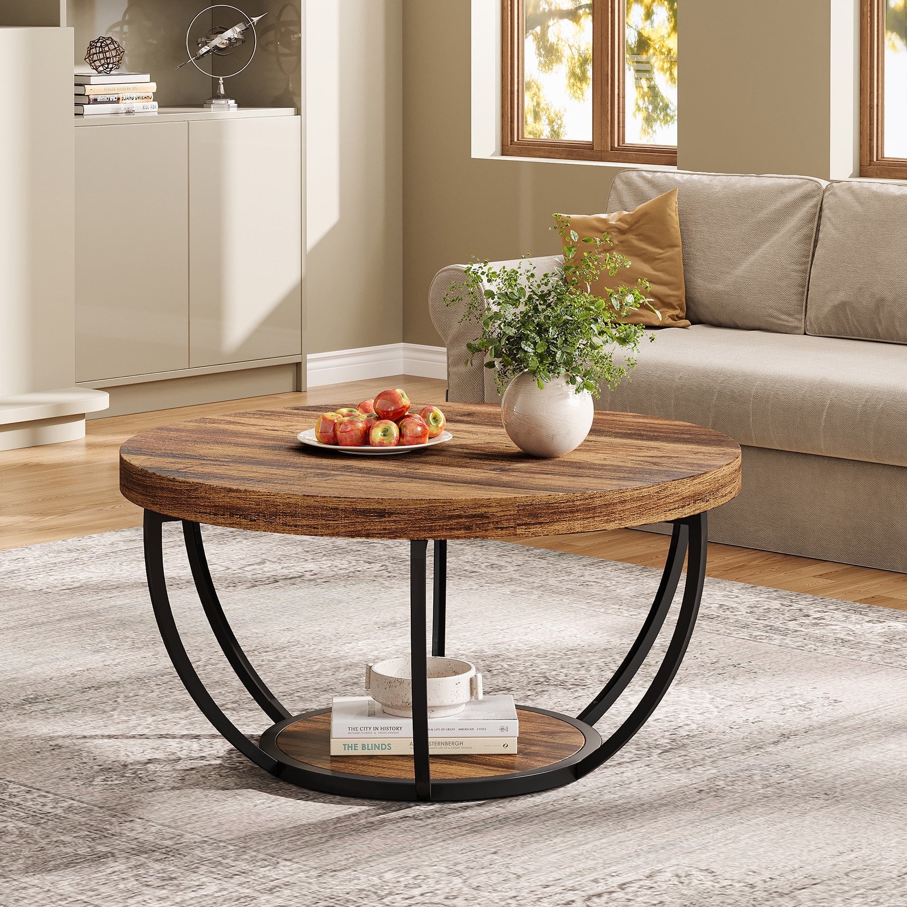 TribeSigns 32 Inches Round Coffee Table, Modern 2-Tier Wood and Metal ...
