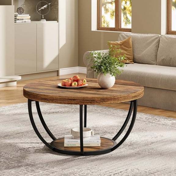 Tribesigns 32 Inches Round Coffee Table, Modern 2-Tier Center Table with Storage Open Shelves, Wooden Circle Coffee Table Sofa Side Table with Metal Legs