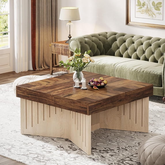 Tribesigns 35.4" Square Coffee Table, Farmhouse Wood Coffee Table Center with Engraved Lines Design for Living Room