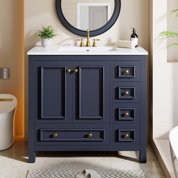 Fnova 36" Solid Wood Frame Bathroom Vanity with Ceramic Sink, Bathroom Storage Cabinet with 2 Soft-closing Doors & 4 Drawers, Freestanding Modern Bath Vanity with Integrated Sink Top, Navy Blue