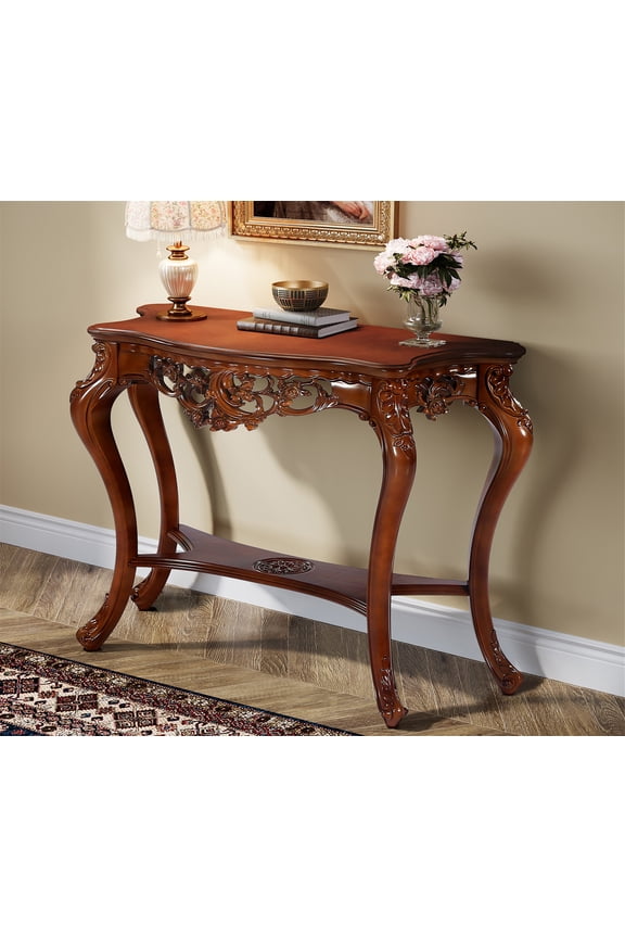 38 Inch Vintage Carved Console Table Victorian Half Moon Sofa Table with Hollow Floral Apron and Cabriole Legs, Traditional Sofa Tables for Entryway, Hallway, Living Room