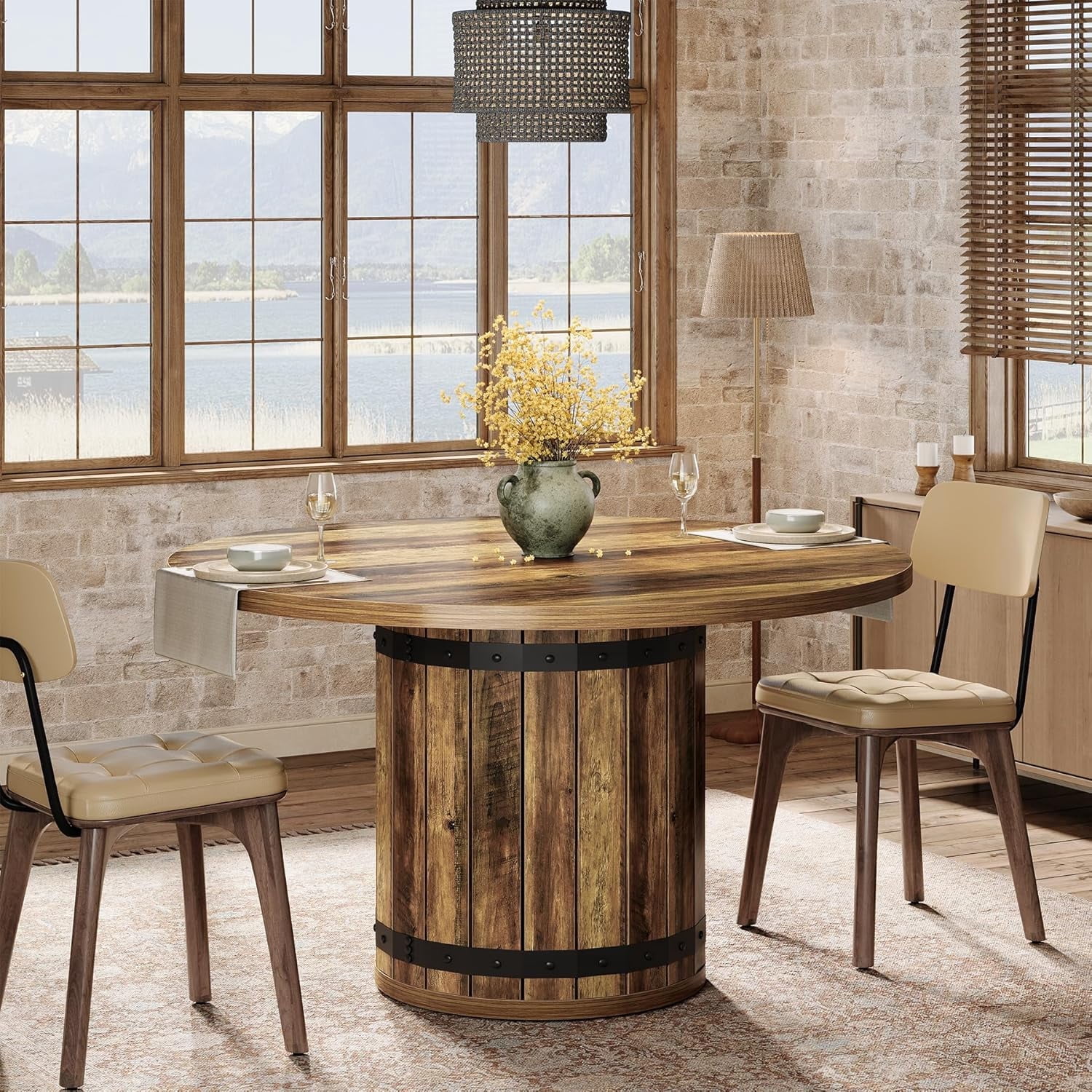 Tribesigns 39.37-Inch Round Dining Table, Farmhouse Dining Table with Fence Pedestal Base for Kitchen Room, Living Room (Only Table)