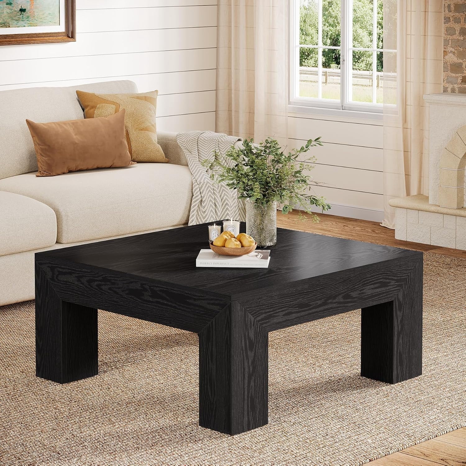 Tribesigns 39.37" Low Square Coffee Table, Farmhouse Large Tea Accent Table Center Table for Living Room(Black)