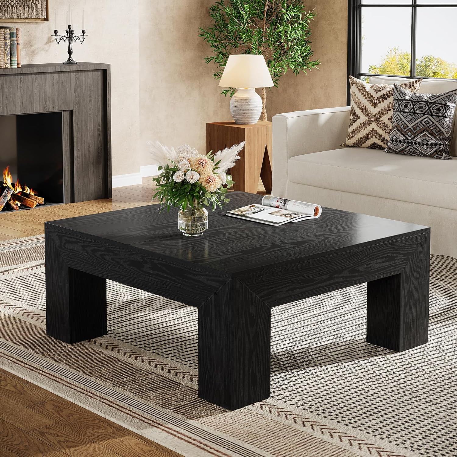 Tribesigns 39.4" All-Wood Coffee Table: Farmhouse Style Accent Centerpiece for Living Room with Sturdy Legs, Black