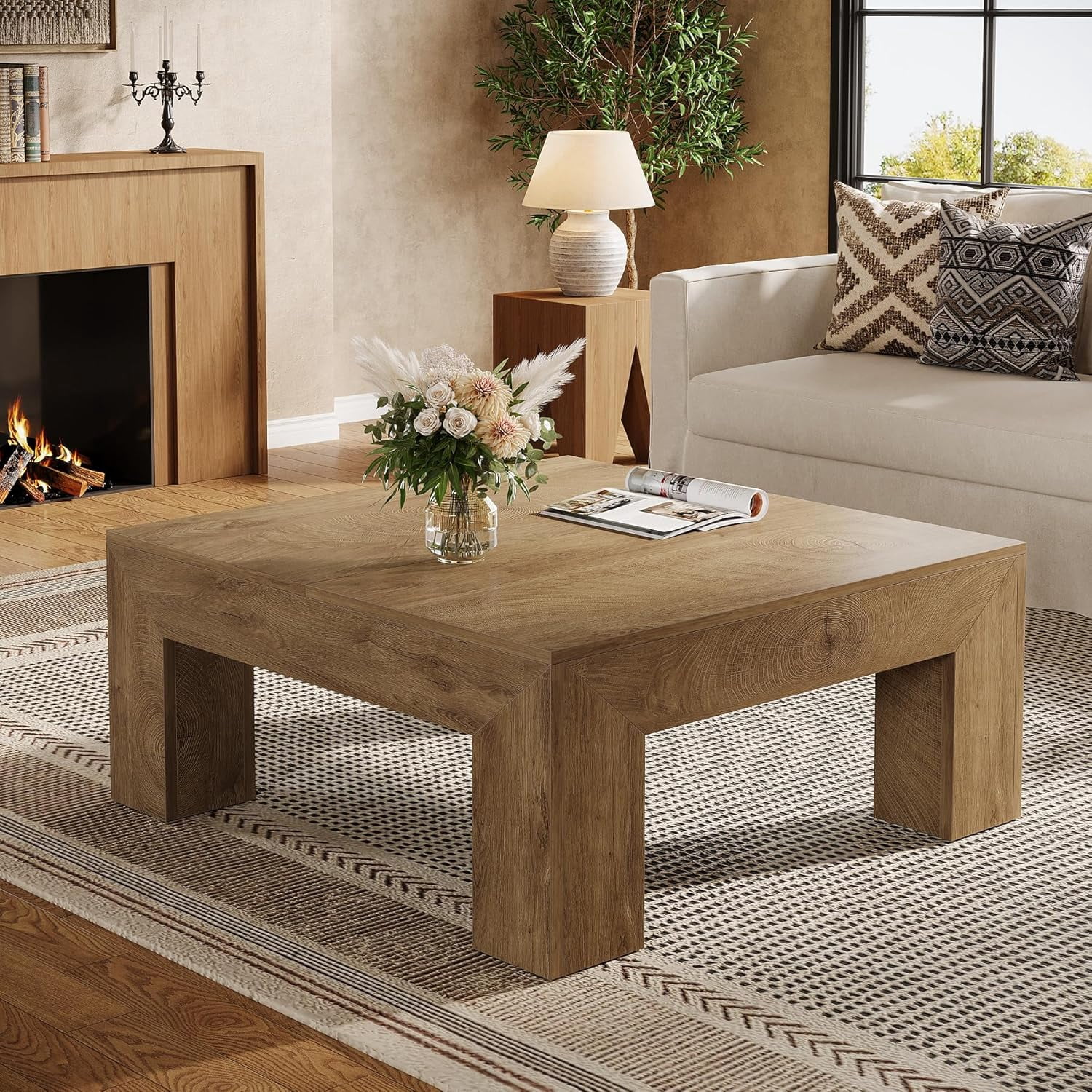 Tribesigns 39.4" All-Wood Coffee Table: Farmhouse Style Accent Centerpiece for Living Room with Sturdy Legs, Natural Brown