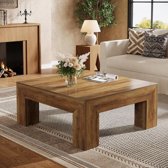 Tribesigns 39.4" All-Wood Coffee Table: Farmhouse Style Accent Centerpiece for Living Room with Sturdy Legs, Rustic Brown