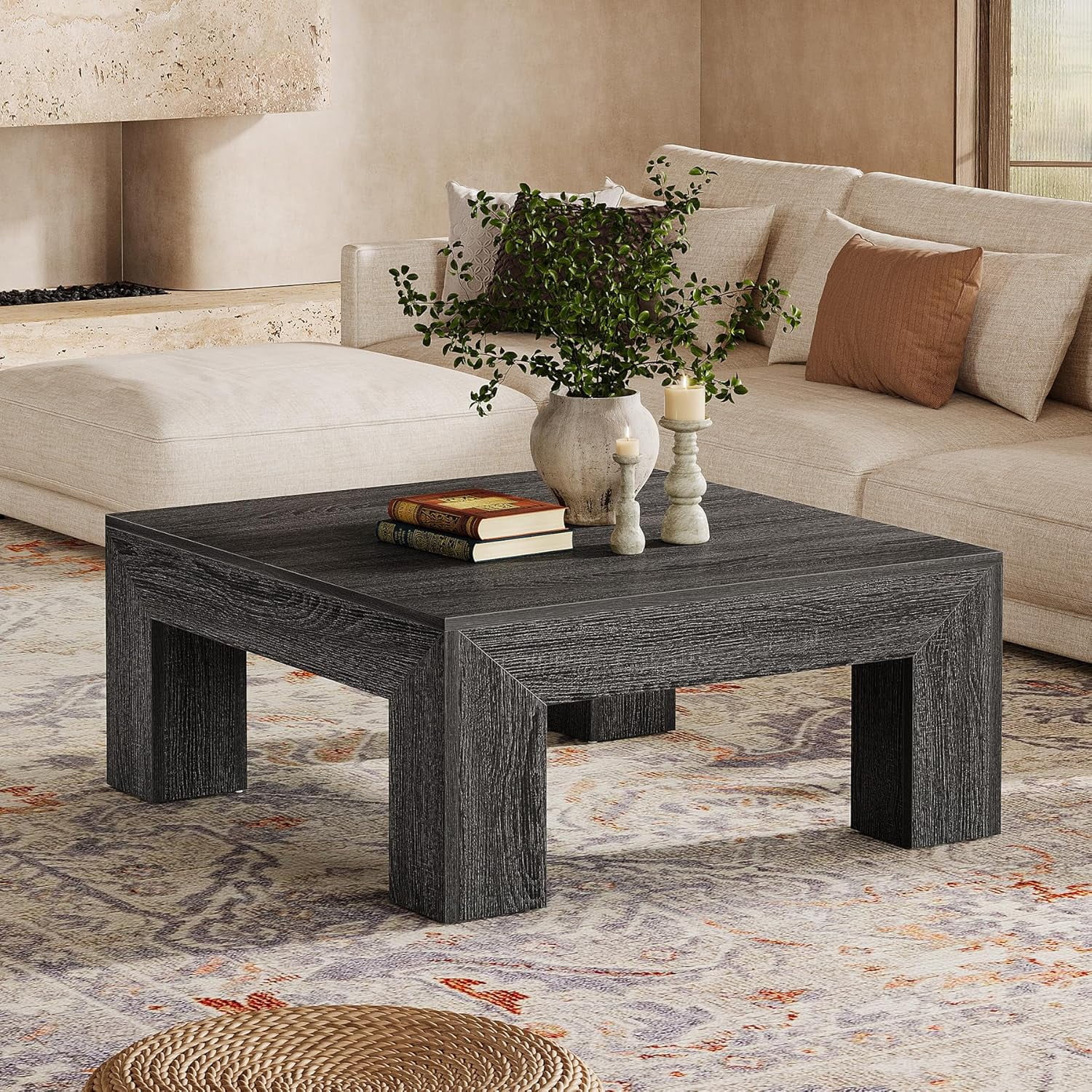 Tribesigns 39.4" All-Wood Coffee Table: Farmhouse Style Accent Centerpiece for Living Room with Sturdy Legs, Rustic Grey