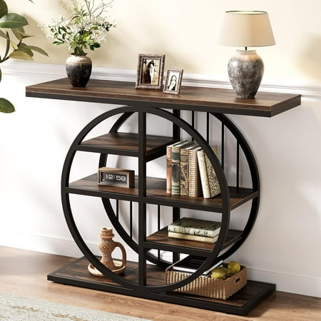 Tribesigns 39.4" Console Table, Industrial 5-Tier Entryway Table Sofa Table with Circle Base, Narrow Wood Accent Table with Storage Shelves for Living Room, Hallway, Foyer