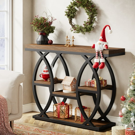 Finmind 39-Inch Industrial Console Table, 4-Tier Sofa Table with Metal Frame, Rustic Brown