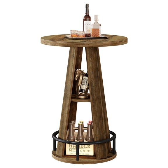 Tribesigns 39.4" Round Bar Table, 3-Tier High Top Bistro Table with Storage, Industrial Cocktail Pub Tables with Metal Footrest for Living Room, Barroom, Small Space, Rustic Brown(Only Table)