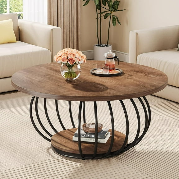 Tribesigns 39.4" Round Coffee Table, Industrial Wood Center Table for Living Room, Rustic Brown