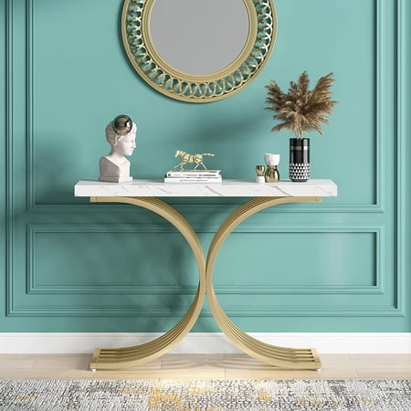 Tribesigns 39.37inches Entryway Console Table with Gold Metal Base, Modern Foyer Entry Tables with 43"White Faux Marble Top for Entrance, Hallway, Living Room