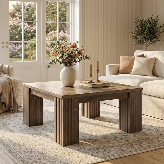 Tribesigns 39-Inch Square Coffee Table, Farmhouse Wooden Coffee Table with Fluted Legs for Living Room, Light Brown