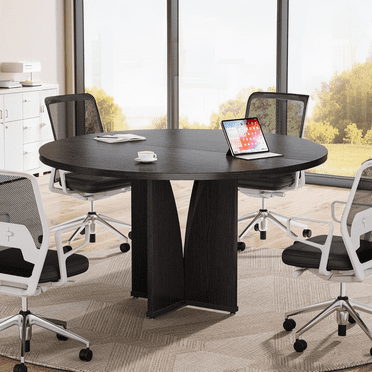 Tribesigns 39" Round Conference Table for 4, Wooden Meeting Table, Rustic Office Table with Sturdy Base, Multi-Purpose Business Seminar Table for Conference Room (Black)