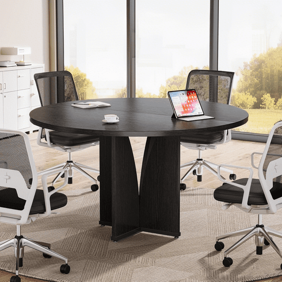 Tribesigns 39" Round Conference Table for 4, Wooden Meeting Table, Rustic Office Table with Sturdy Base, Multi-Purpose Business Seminar Table for Conference Room (Black)