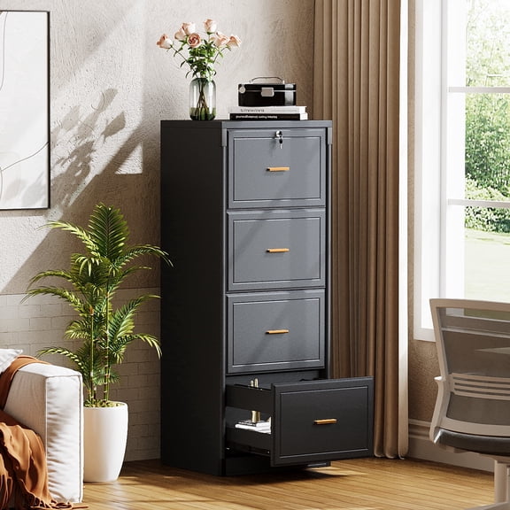 Tribesigns 4-Drawer File Cabinet for A4/Letter/Legal Size, Vertical Filing Cabinet with Lock, Wood Office Storage Cabinet for Home Office, Black