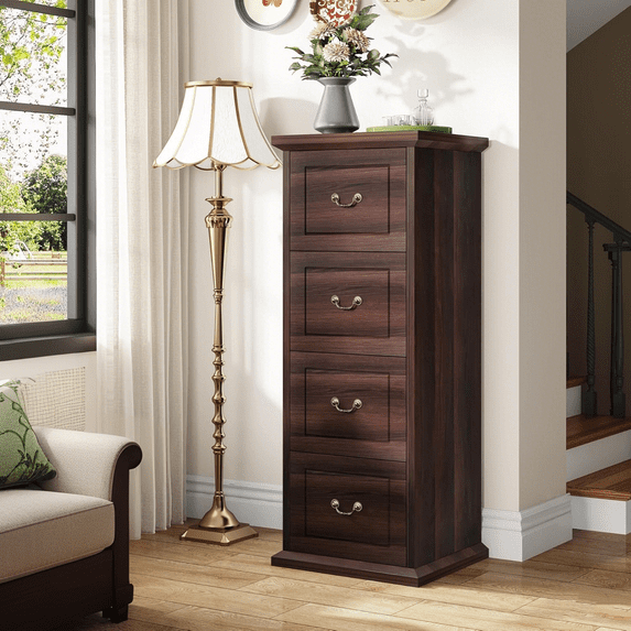 Tribesigns 4-Drawer File Cabinet, Wood Filing Cabinet for Home Office, Vertical File Cabinet Office Cabinet with Adjustable Hanging Rails, Walnut