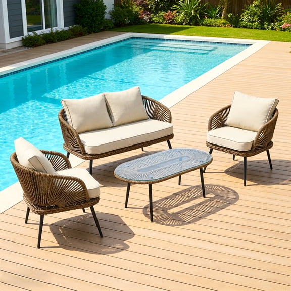 Fnova 4-Piece Outdoor Patio Furniture Set, Wicker Rattan Conversation Furniture Set with Removable Cushions and Glass Coffee Table for Balcony, Backyard Porch, Poolside