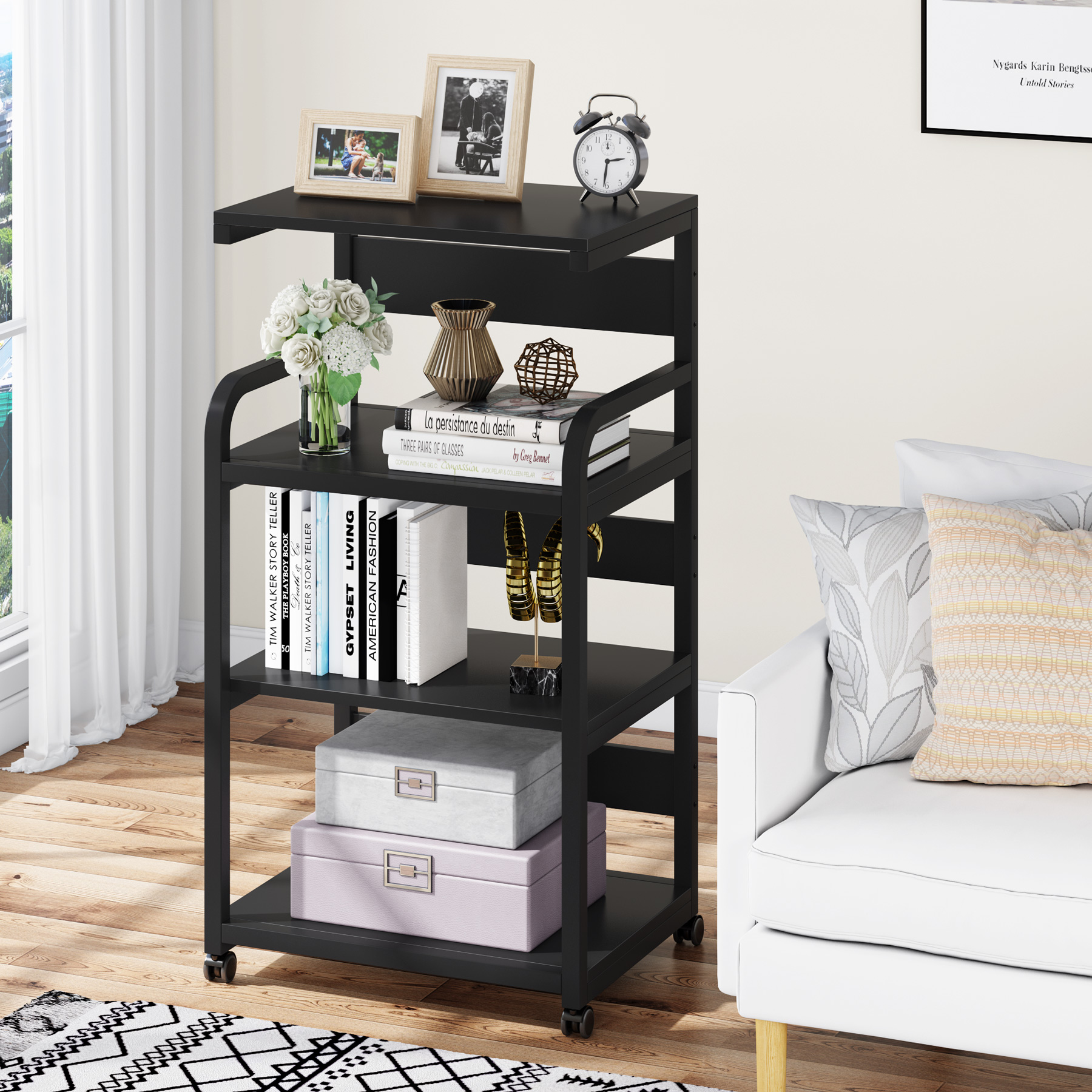 FITUEYES Printer Stand with Storage On Wheels，Mobile Wood Work Cart