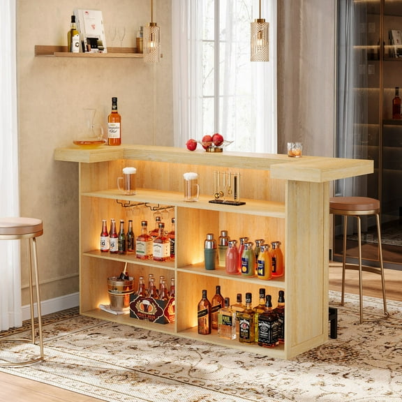 Tribesigns 4-Tier Bar Table, 70.9-Inch Large Home Bar Cabinet with Wine Glass Holder and Black Footrest, for Kitchen, Dining Room, Living Room, Pub, Oak