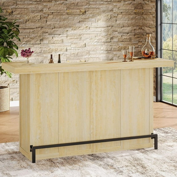 Tribesigns 4-Tier Bar Table, 70.9-Inch Large Wooden Home Bar Unit with Wine Glass Holder and Black Footrest for Home, Patio, Oak