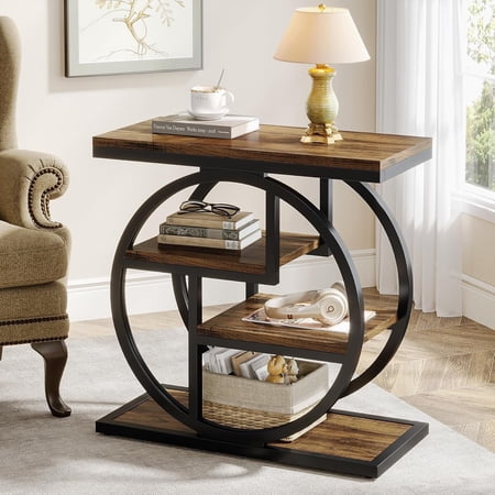 Finmind 4-Tier End Table for Living Room, Wood Narrow Side Table for Bedroom, Rustic Brown