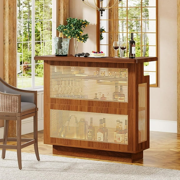 Tribesigns 4 Tier Home Bar Unit Rattan Bar Table with Stemware Racks and Heightened Base Farmhouse Brown