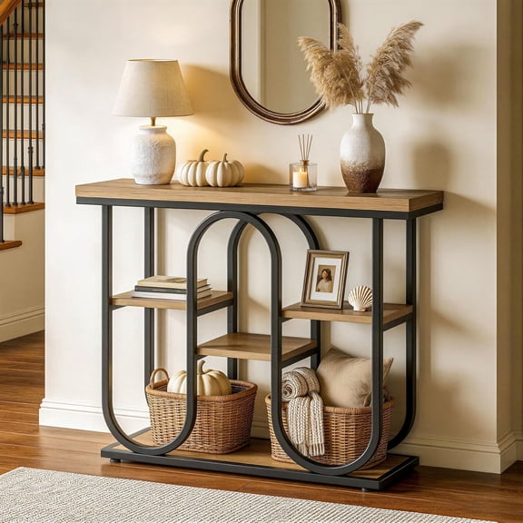 Tribesigns 4-Tier Industrial Console Table, 41.3-Inch Entryway Table with Open Shelves, Rustic Sofa Table for Small Spaces, Hallway